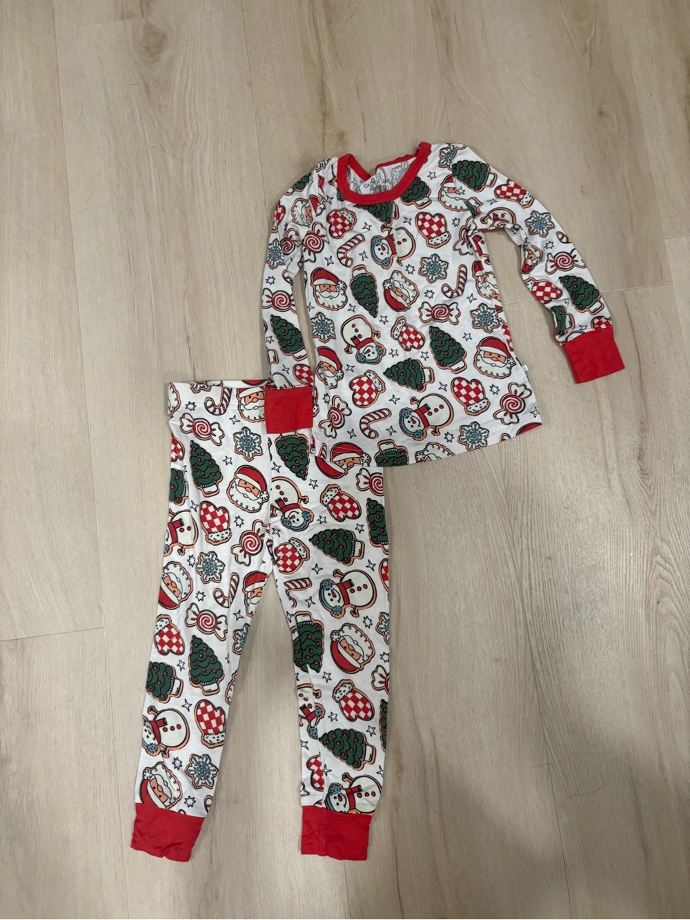 Caden Lane White Kids Pajama Set with Red Trim and Green Holiday Print Christmas